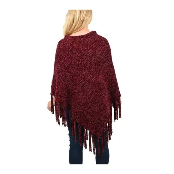 Burgundy knitted loose fit round neck fringe chenille poncho - Picture 2 of 4